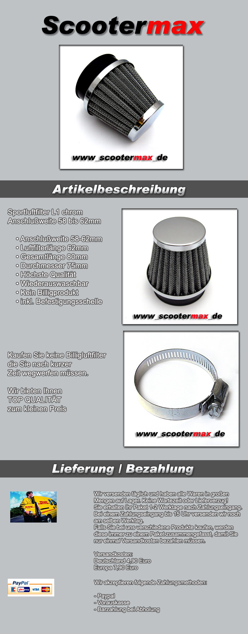 Luftfilter Rennluftfilter schwarz für z.B Mikuni TMX 38 Keihin PWK 33 35 36 39